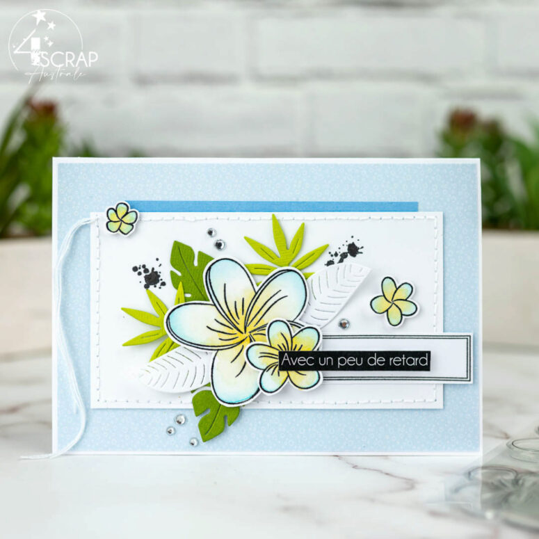 Création d'un duo composé d'une carte et d'une étiquette cadeau pour anniversaire avec fleurs de frangipanier et feuilles exotiques.