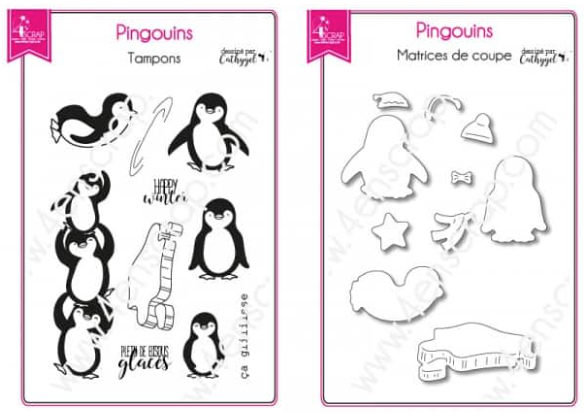 Duo de tampons transparents et de matrices de coupe assorties sur l'hiver, avec des pingouins mignons.