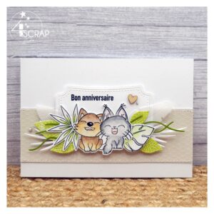 Carte de scrapbooking d'anniversaire avec un petit chien et un petit chat mignon.