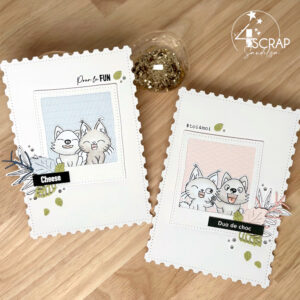 Carte de scrapbooking sur le thème de la photographie avec un chien et un chat qui s'amusent devant l'objectif.
