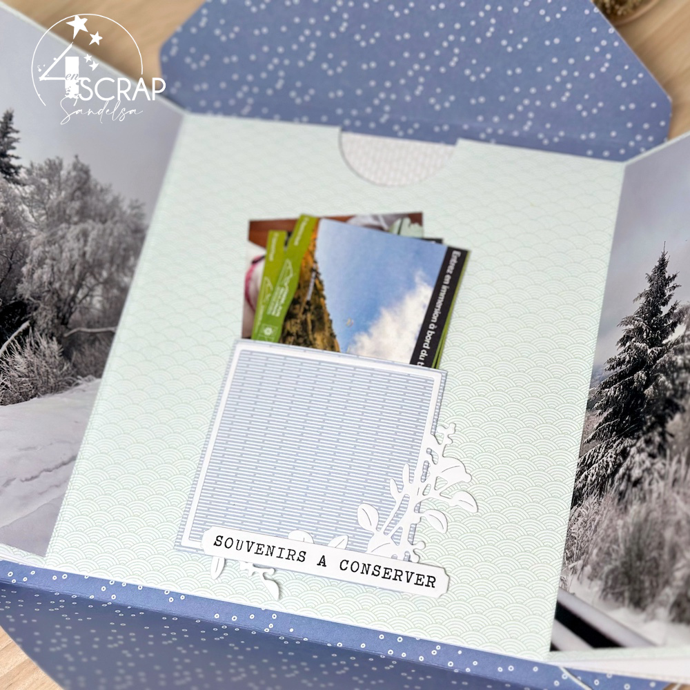 Mini album de scrapbooking sur le thème de l'hiver, la photo, les souvenirs, avec des dies de découpe.