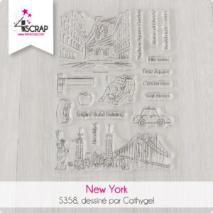 Tampon transparent de scrapbooking sur le thème de New York, avec la statue de la liberté, le taxi jaune, la skyline, les buildings...