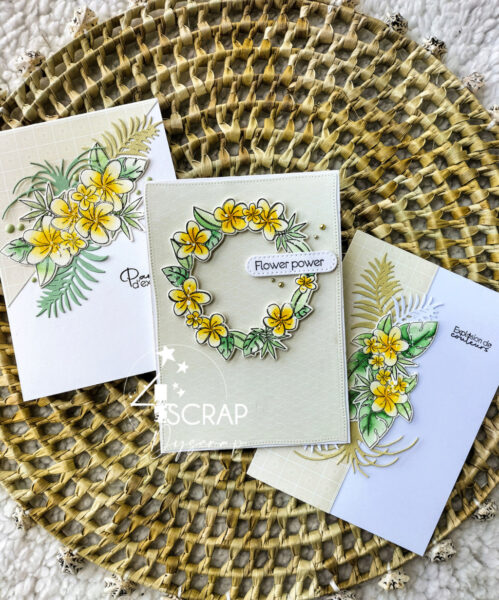 Cartes de scrapbooking sur le thème de l'été, avec des feuilles et fleurs exotiques jaunes et vertes