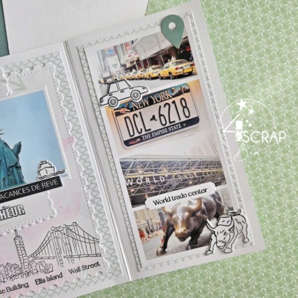 Mini album pochette de scrapbooking sur le thème du voyage à New York, avec des souvenirs du séjour, la statue de la liberté...