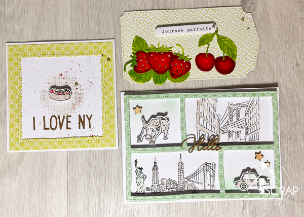 Cartes et etiquettes de scrapbooking, dont deux sur le thème du voyage à New York, et une etiquette sur le thème des fruits rouges de l'été.