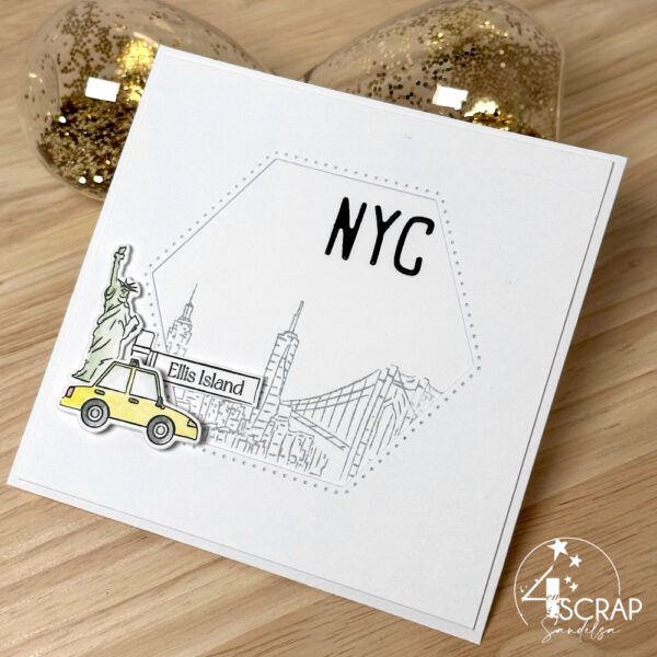 Carte de scrapbooking sur le thème du voyage à New York, avec la skyline/le paysage de la ville avec les grand buildings.
