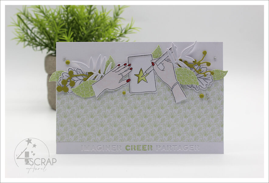 Carte postale format horizontal sur le thème du scrapbooking dans les teintes verts clairs co automne 23