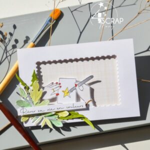 Carte avec Bouquet de verdure et dessin de scrapgirl. utilisation d'un papier imprimé co automne 23 4enSCRAP